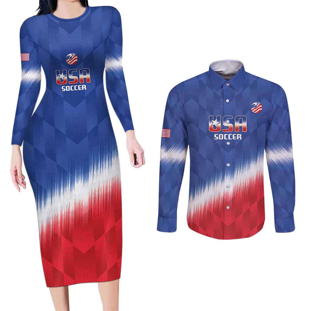 Custom United States Soccer Couples Matching Long Sleeve Bodycon Dress and Long Sleeve Button Shirt 2025 Go USA Sporty Style - Wonder Print Shop