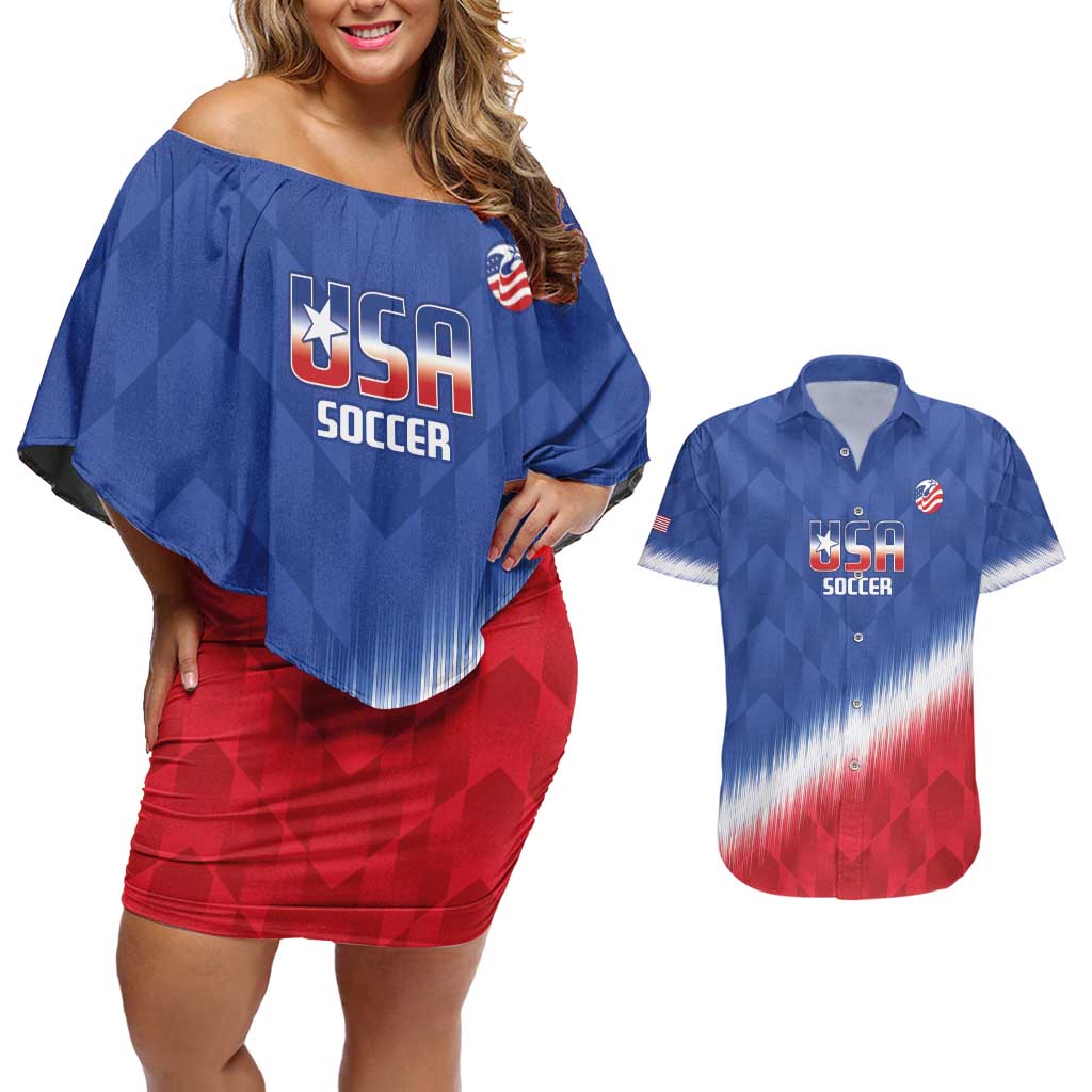 Custom United States Soccer Couples Matching Off Shoulder Short Dress and Hawaiian Shirt 2025 Go USA Sporty Style - Wonder Print Shop