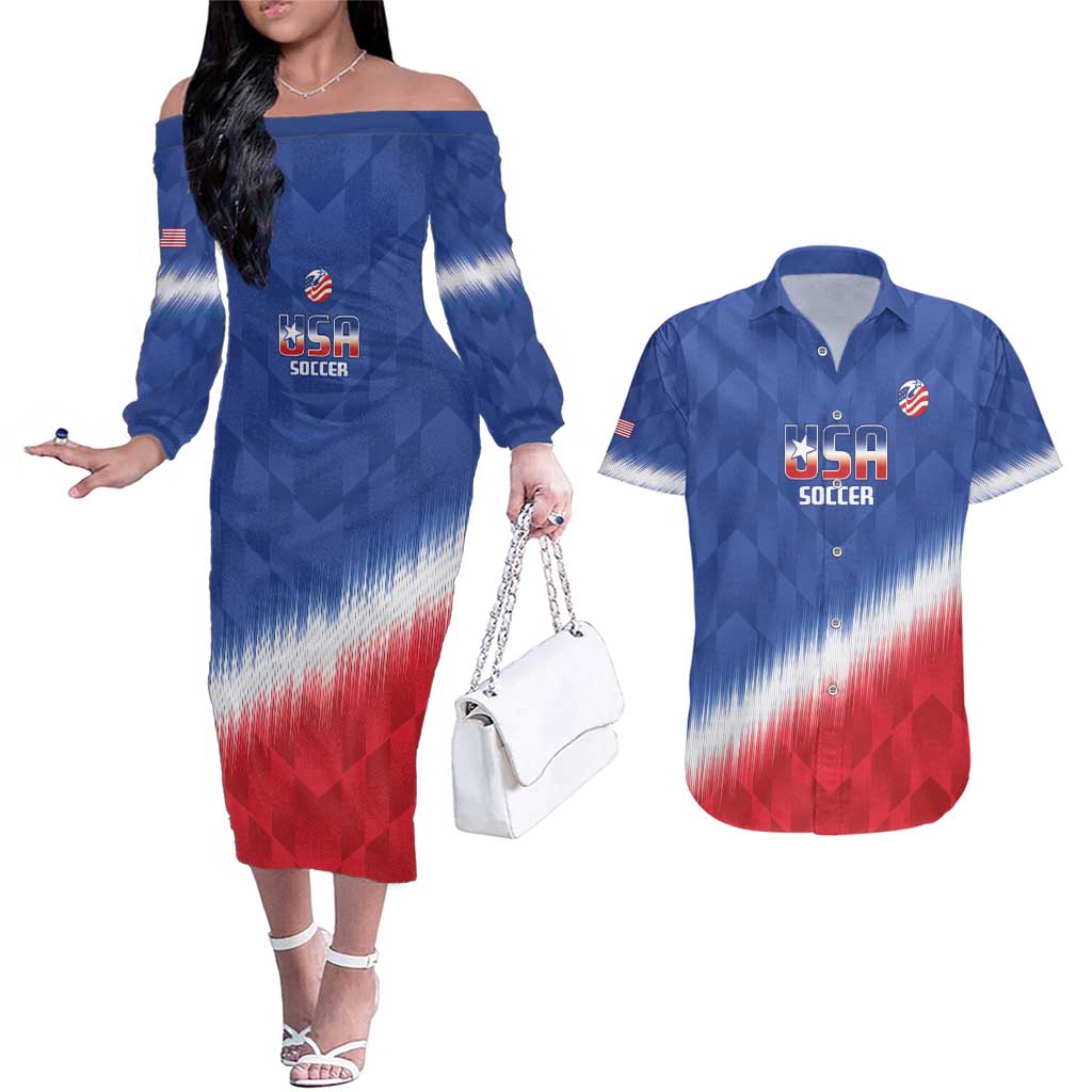 Custom United States Soccer Couples Matching Off The Shoulder Long Sleeve Dress and Hawaiian Shirt 2025 Go USA Sporty Style - Wonder Print Shop