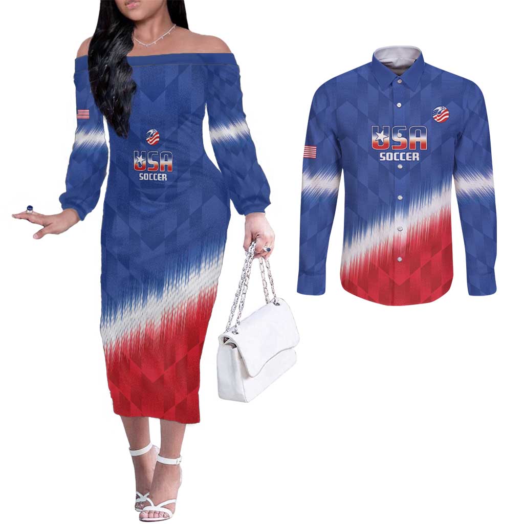 Custom United States Soccer Couples Matching Off The Shoulder Long Sleeve Dress and Long Sleeve Button Shirt 2025 Go USA Sporty Style