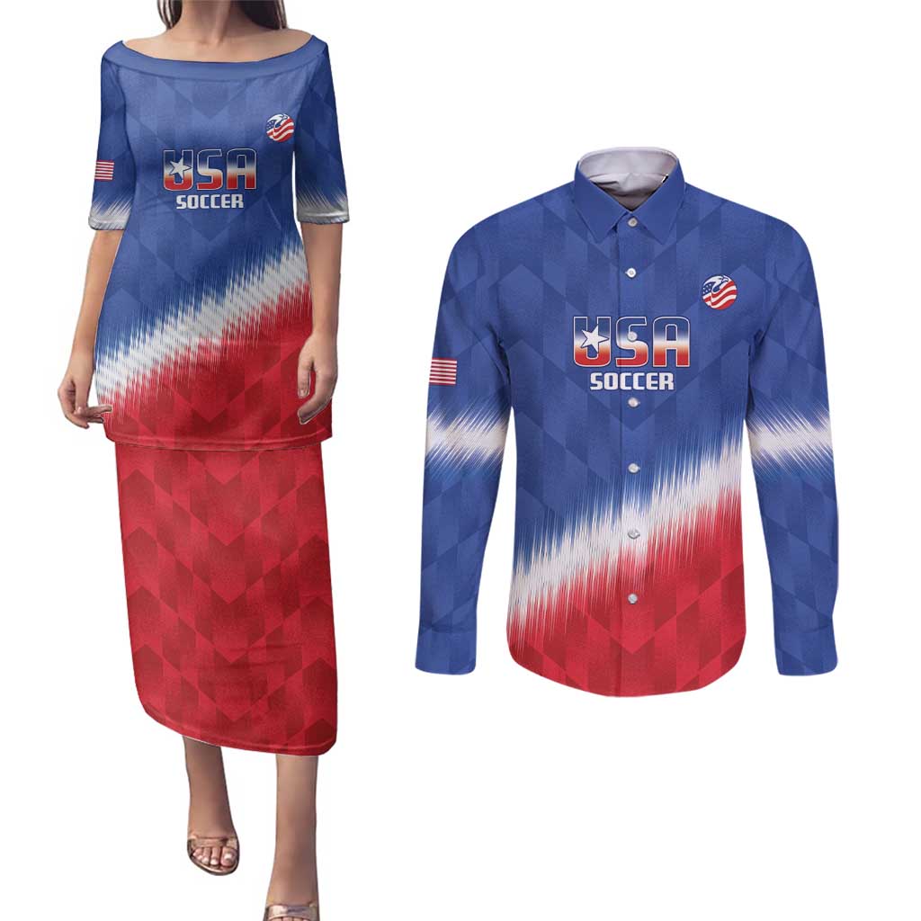 Custom United States Soccer Couples Matching Puletasi and Long Sleeve Button Shirt 2025 Go USA Sporty Style - Wonder Print Shop