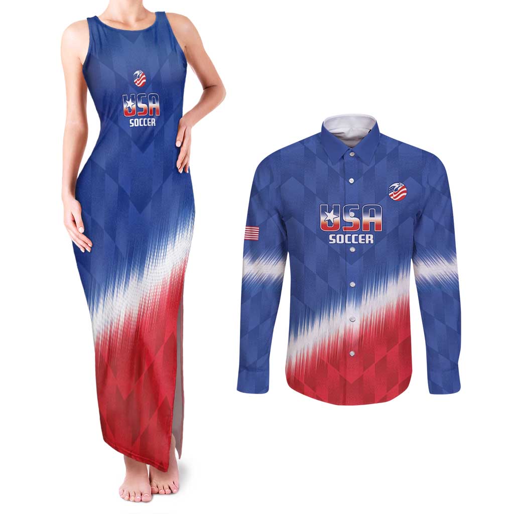 Custom United States Soccer Couples Matching Tank Maxi Dress and Long Sleeve Button Shirt 2025 Go USA Sporty Style - Wonder Print Shop