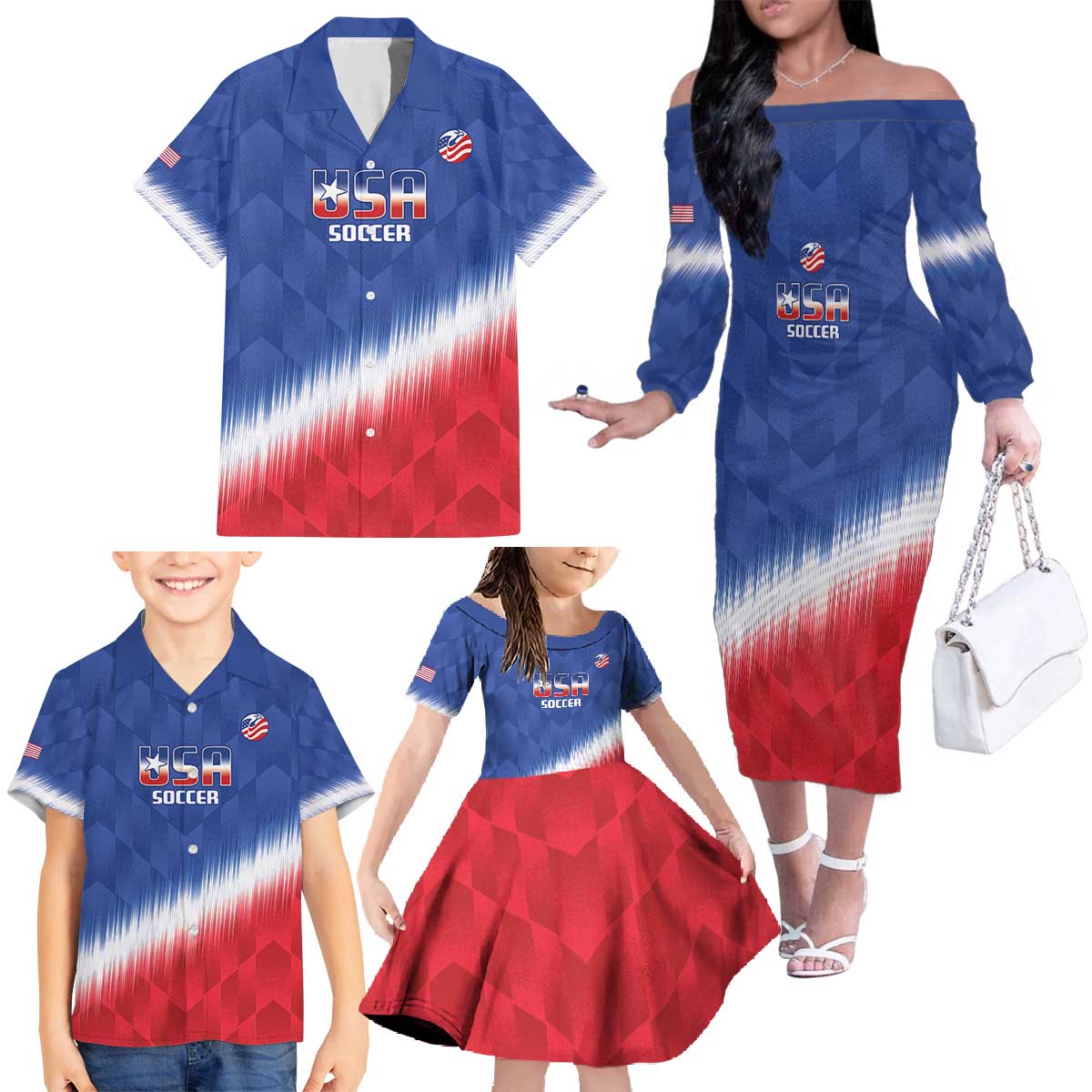 Custom United States Soccer Family Matching Off The Shoulder Long Sleeve Dress and Hawaiian Shirt 2025 Go USA Sporty Style - Wonder Print Shop