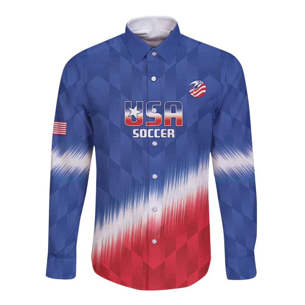 Long-sleeve button soccer shirt in blue with red/white lower print and US badge