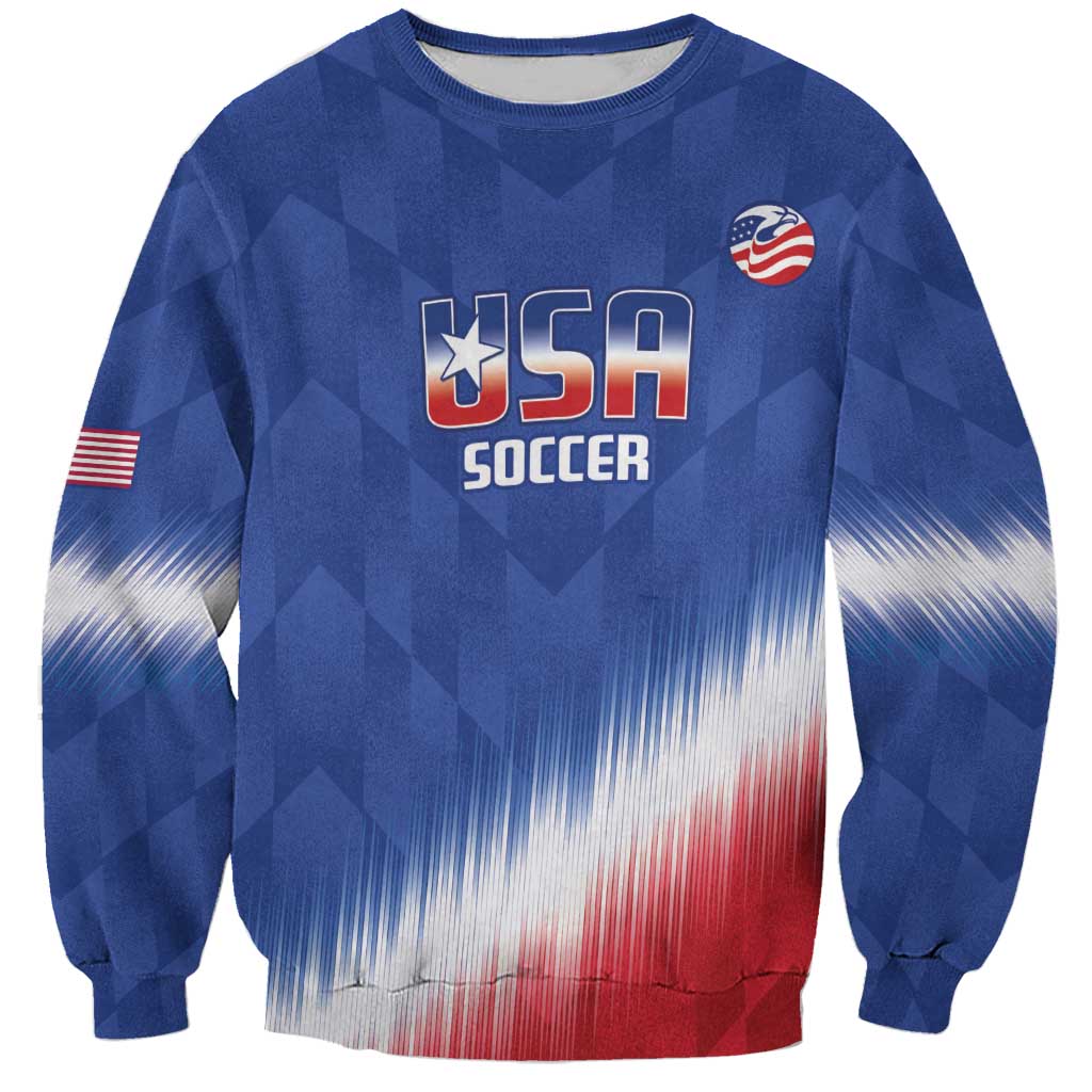 Blue crewneck sweatshirt with USA Soccer logo and USA flag patch on sleeve.
