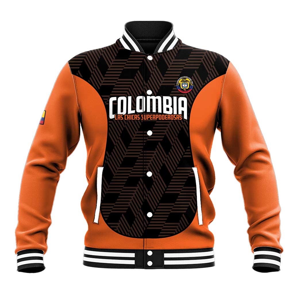Black and orange varsity baseball jacket with striped ribbed collar, snap buttons, Colombia logo