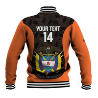 Back view black and orange varsity jacket with striped ribbed hem/cuffs and Colombia crest