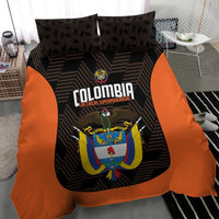 Close view football bedding set with Colombia logo, black geometric texture, orange edges