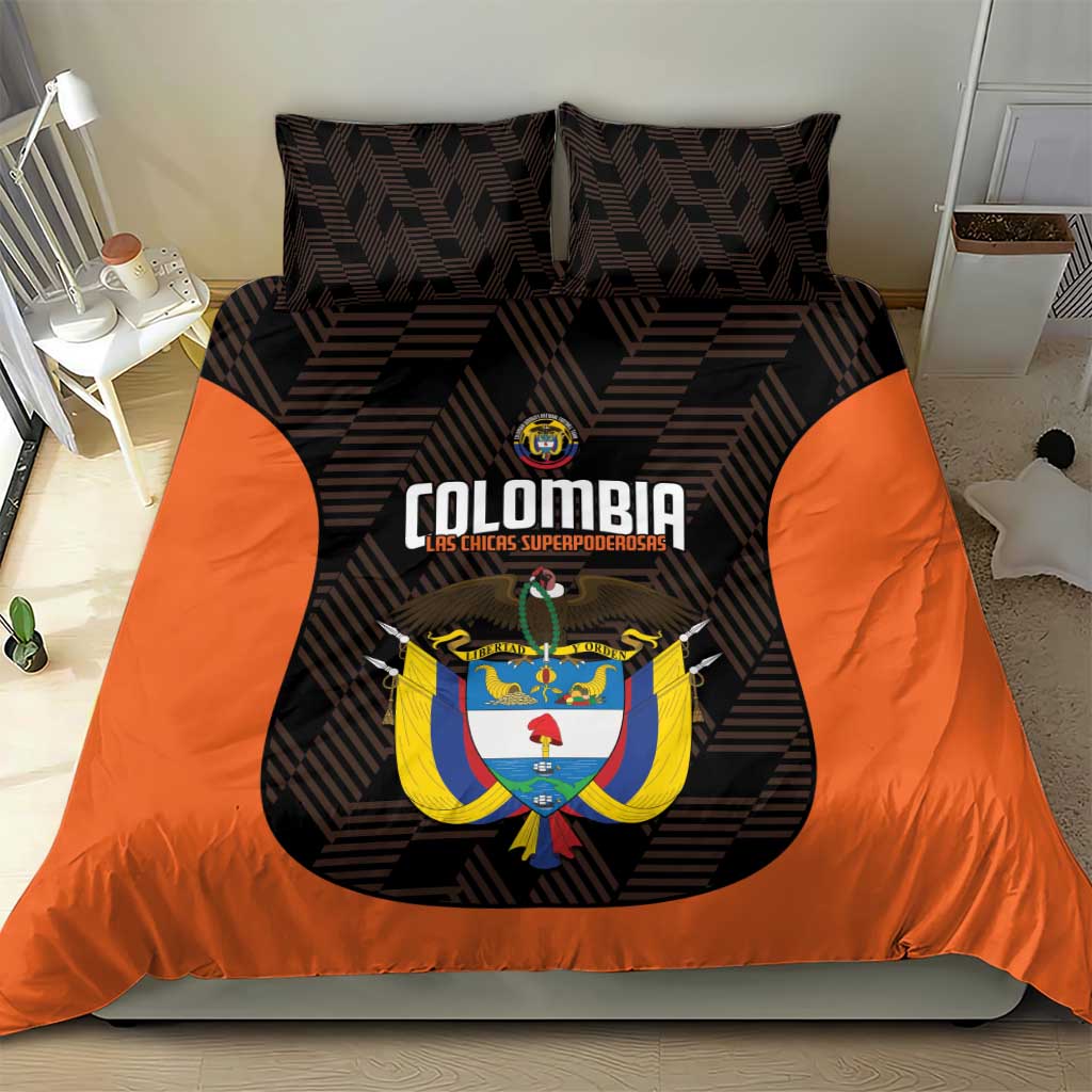 Black and orange Colombia football bedding set with crest graphic on center panel