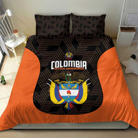 Black and orange Colombia football bedding set with crest graphic on center panel