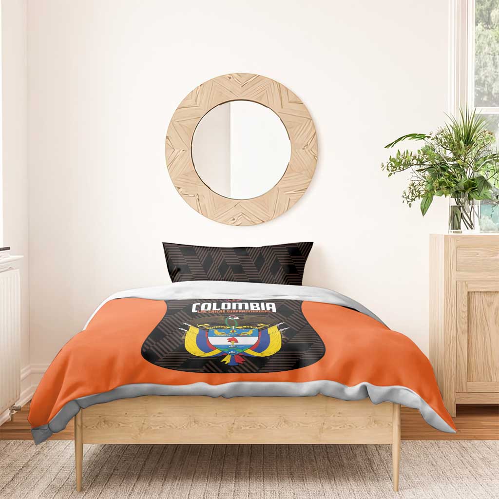 Black and orange football bedding set with central Colombia crest graphic and striped sides