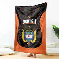 Colombia football blanket, black with orange edges and central Colombia crest graphic