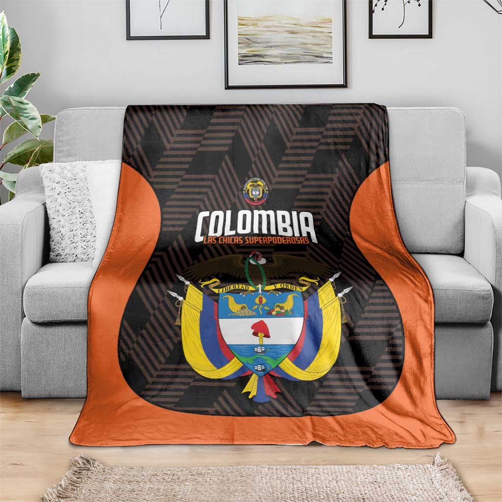 Colombia football blanket, black with orange trim and bold crest emblem in center