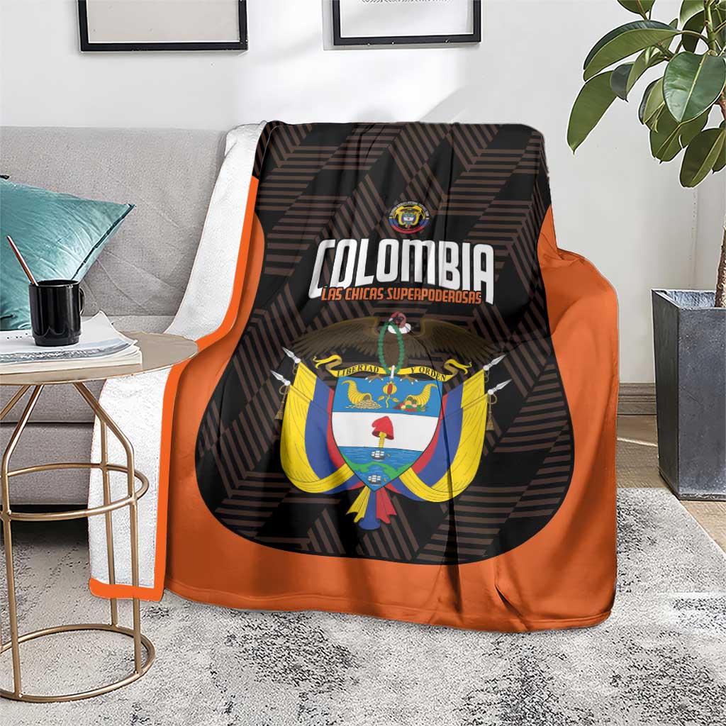 Colombia football blanket, black with orange border and crest logo with wings design