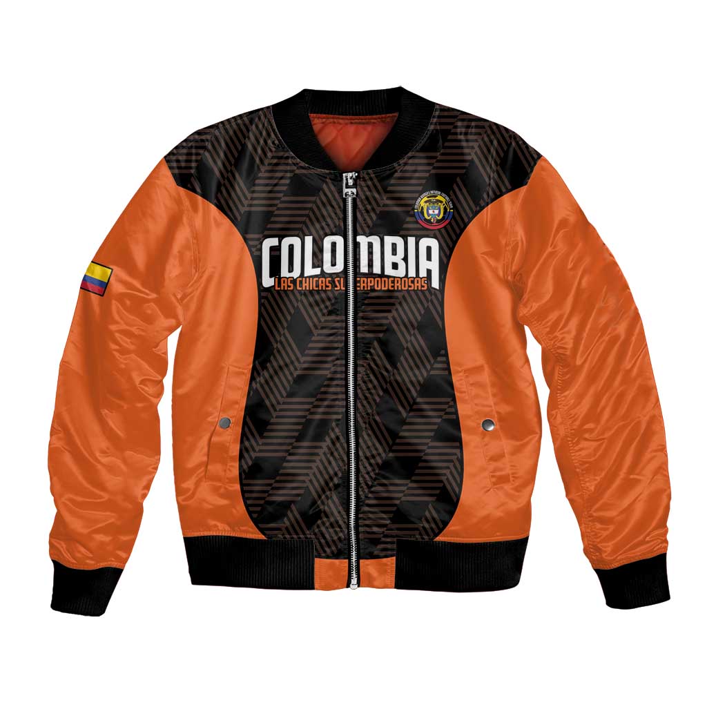 Black and orange bomber jacket with full zip, ribbed cuffs, and Colombia crest on front.