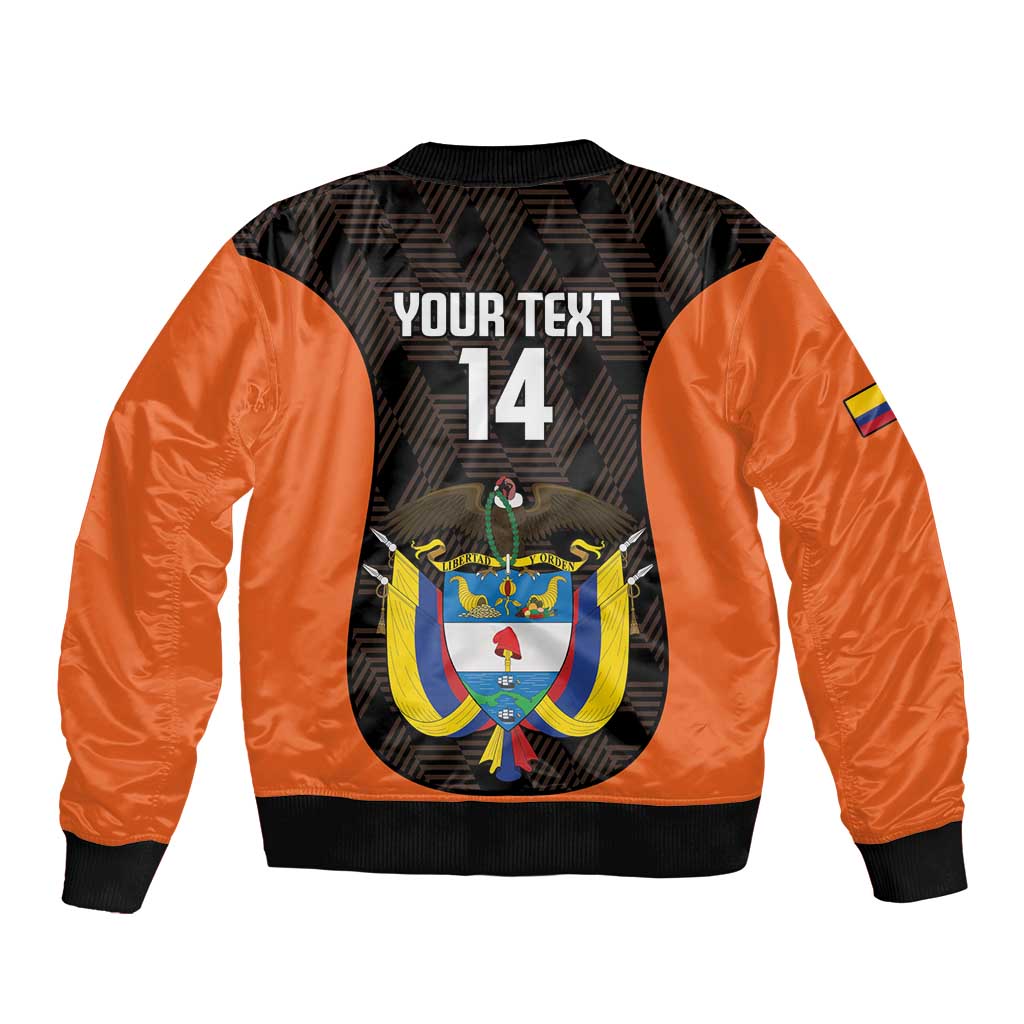 Black and orange bomber jacket back graphic with crest, number 14, ribbed collar and hem.