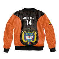 Black and orange bomber jacket back graphic with crest, number 14, ribbed collar and hem.