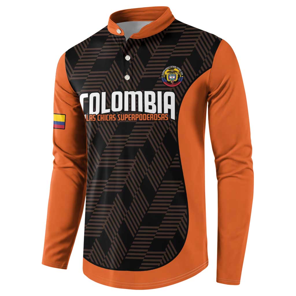 Orange and black football button sweatshirt, front Colombia text and crest graphic