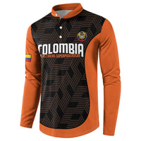 Orange and black football button sweatshirt, front Colombia text and crest graphic