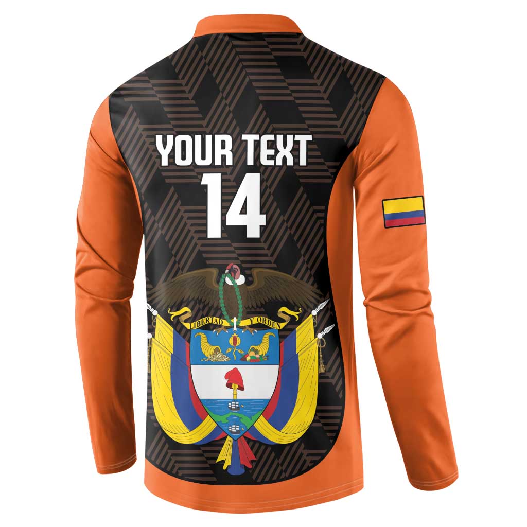 Orange and black football button sweatshirt back with 'YOUR TEXT 14' and crest