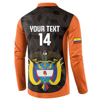 Orange and black football button sweatshirt back with 'YOUR TEXT 14' and crest