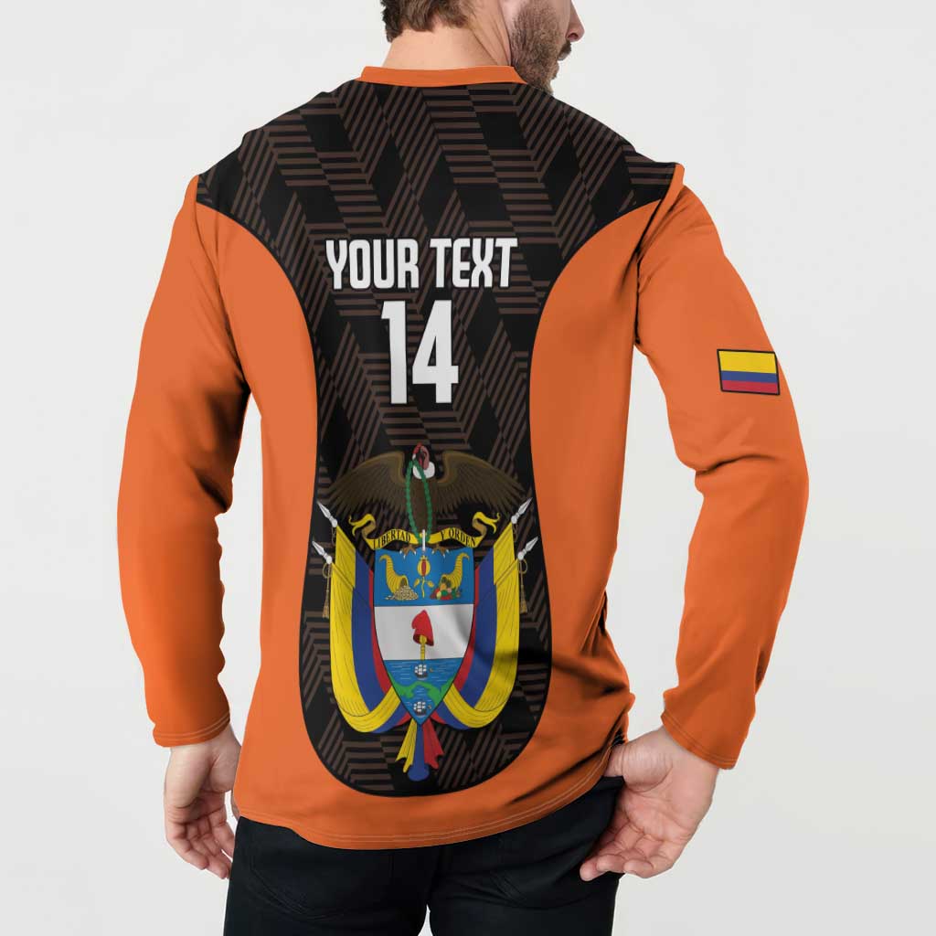 Orange and black football button sweatshirt on model, back 'YOUR TEXT 14' crest