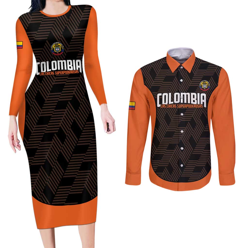 Custom Colombia Football Couples Matching Long Sleeve Bodycon Dress and Long Sleeve Button Shirt 2025 Las Chicas Superpoderosas - Black Version - Wonder Print Shop