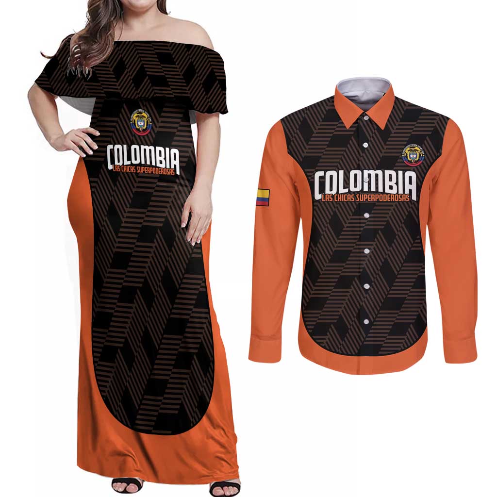 Custom Colombia Football Couples Matching Off Shoulder Maxi Dress and Long Sleeve Button Shirt 2025 Las Chicas Superpoderosas - Black Version - Wonder Print Shop