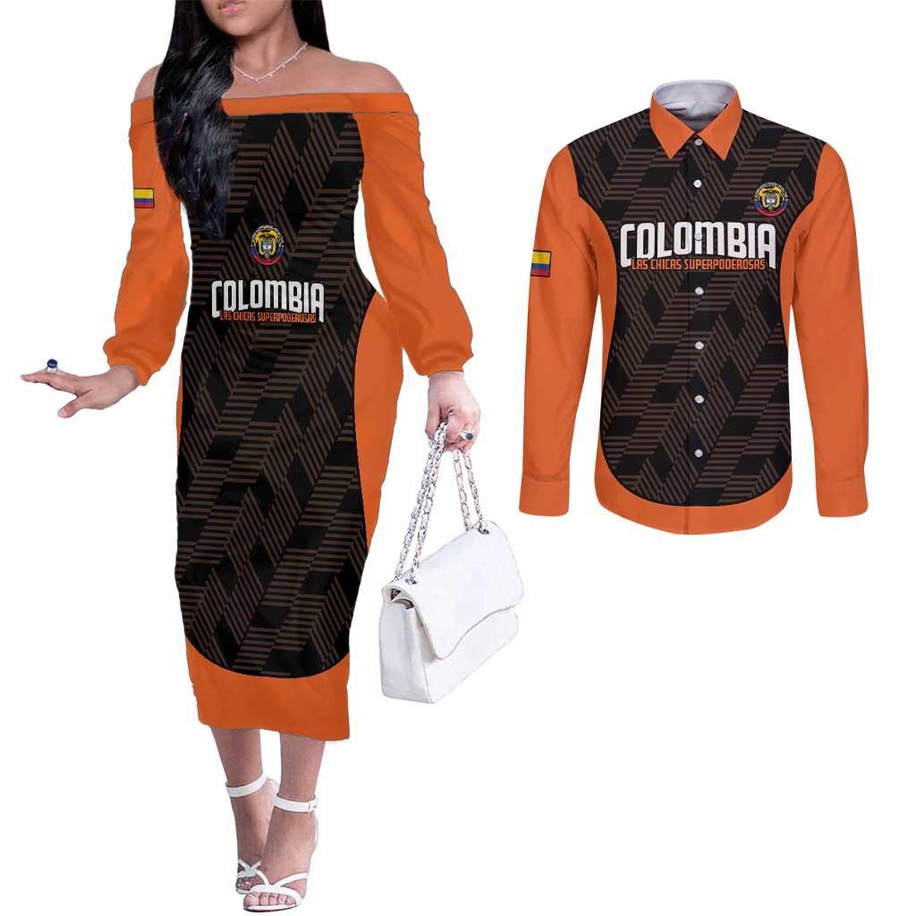 Custom Colombia Football Couples Matching Off The Shoulder Long Sleeve Dress and Long Sleeve Button Shirt 2025 Las Chicas Superpoderosas - Black Version