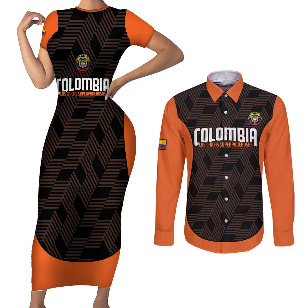 Custom Colombia Football Couples Matching Short Sleeve Bodycon Dress and Long Sleeve Button Shirt 2025 Las Chicas Superpoderosas - Black Version - Wonder Print Shop