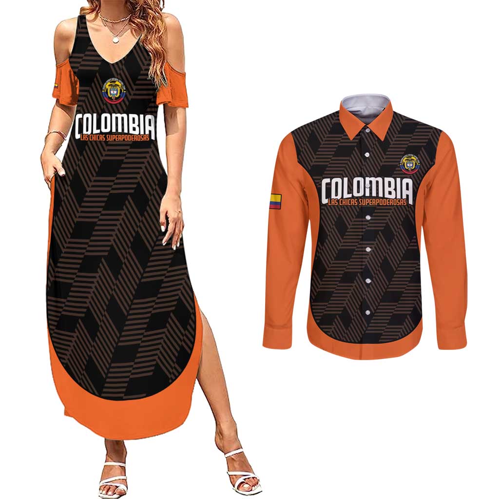 Custom Colombia Football Couples Matching Summer Maxi Dress and Long Sleeve Button Shirt 2025 Las Chicas Superpoderosas - Black Version - Wonder Print Shop