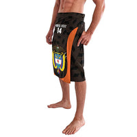 Black football lavalava with orange stripe and crest emblem on front