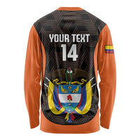 Black long-sleeve football shirt back with orange sleeves, 'YOUR TEXT' 14 and crest