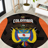 Black round football area rug with orange side accents and Colombia crest graphic