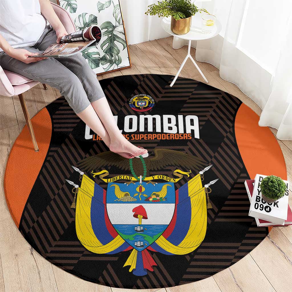 Black round rug with orange edge panels and bold Colombia lettering and crest