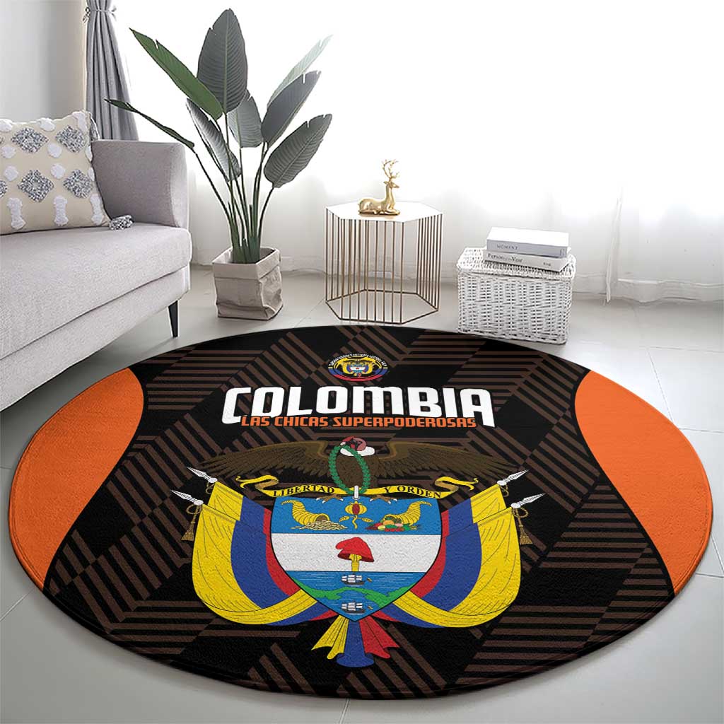 Black round Colombia football rug with orange bands and central crest emblem