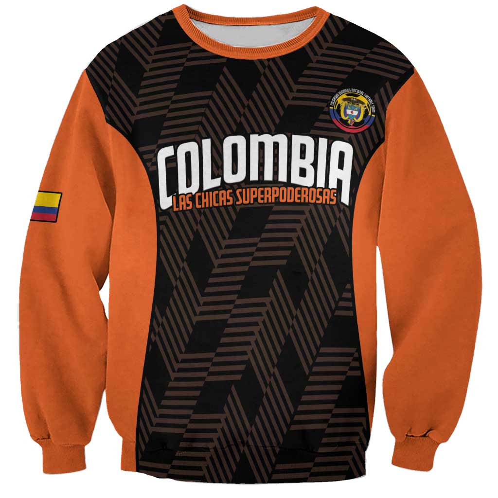 Black football sweatshirt with orange sleeves, Colombia graphic logo and text front