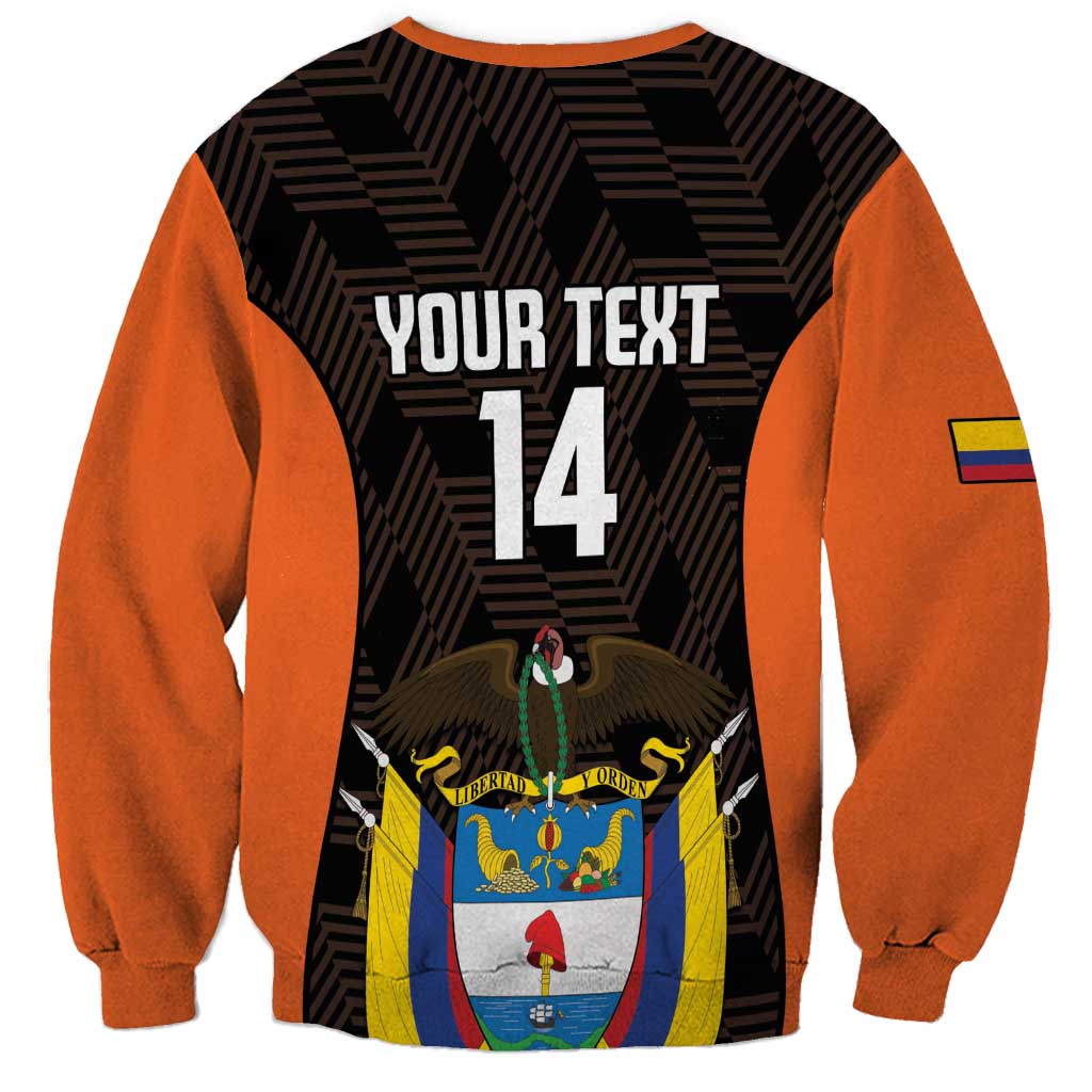 Black football sweatshirt with orange sleeves, large back text YOUR TEXT 14 graphic