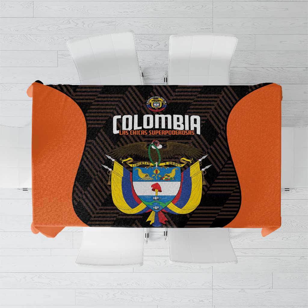 Football tablecloth with orange sides and black Colombia crest graphic