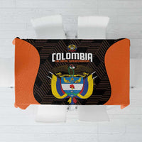 Football tablecloth with orange sides and black Colombia crest graphic
