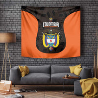 Football team tapestry with orange and black design, Colombia crest in center
