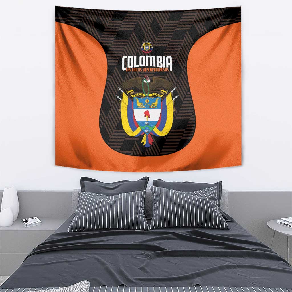 Football team wall tapestry, orange side panels with central Colombia crest graphic
