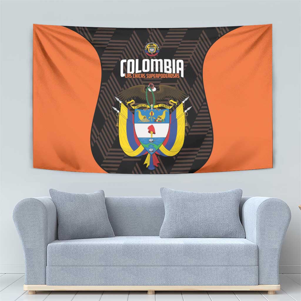 Football team tapestry featuring Colombia crest on orange fabric with dark pattern
