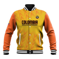 Yellow and orange baseball jacket with snap buttons, striped cuffs, and COLOMBIA front print