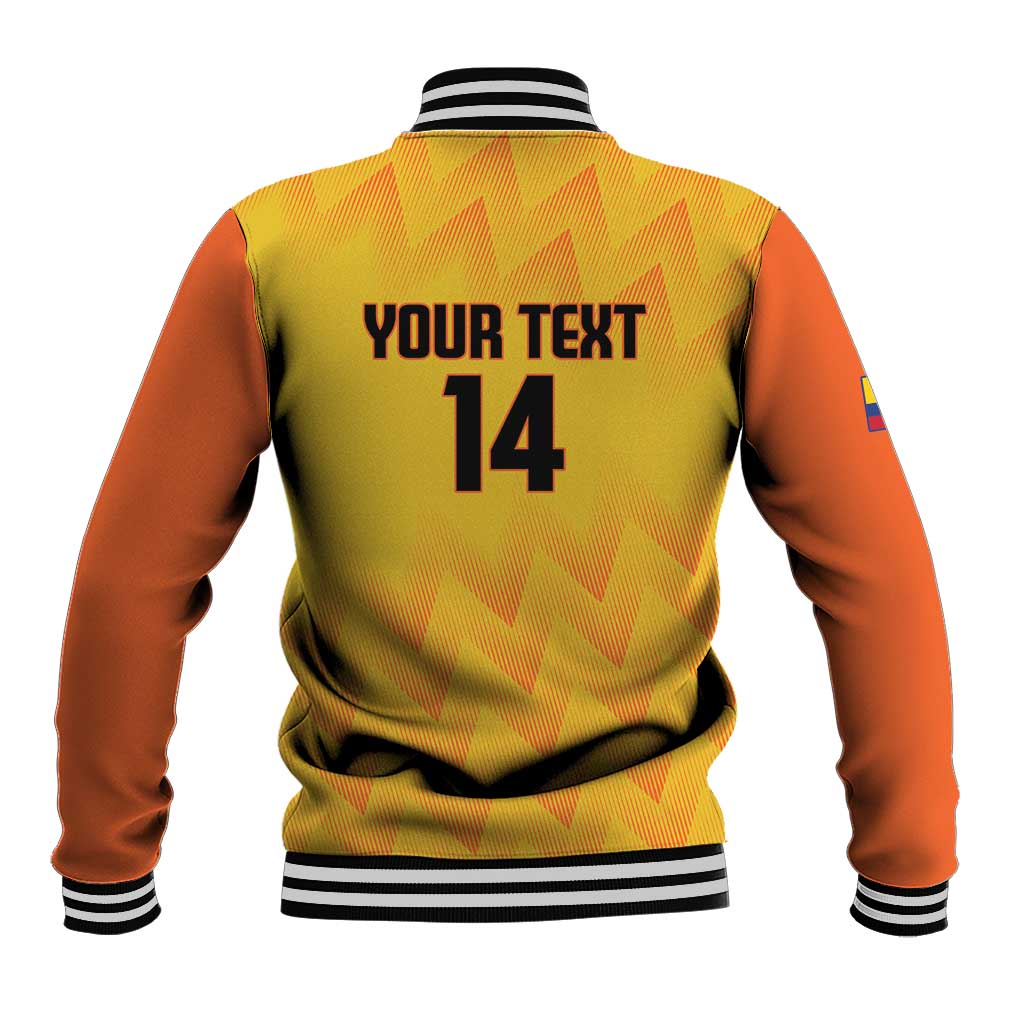 Back view yellow and orange baseball jacket with striped collar and YOUR TEXT 14 print
