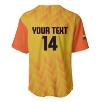 Yellow baseball jersey back with V-neck, button front, number 14, zigzag chevron print