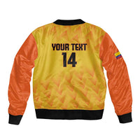 Unisex yellow and orange football bomber jacket, back print "YOUR TEXT" and 14