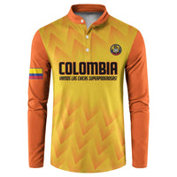Yellow and orange button-up football sweatshirt with Colombia chest logo and print