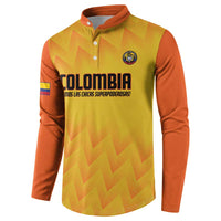 Yellow-and-orange football sweatshirt with button placket, crest logo, and front graphic