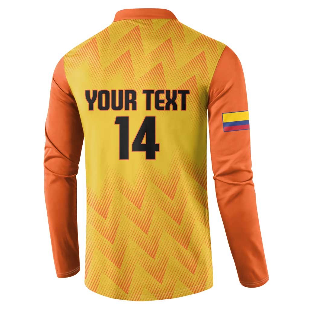 Back view of yellow football sweatshirt with orange sleeves; “YOUR TEXT 14” print